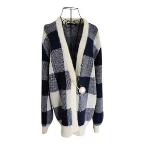 Mother of Pearl Oversized Checked Cardigan Knit Sweater Navy Cream Mohair Wool